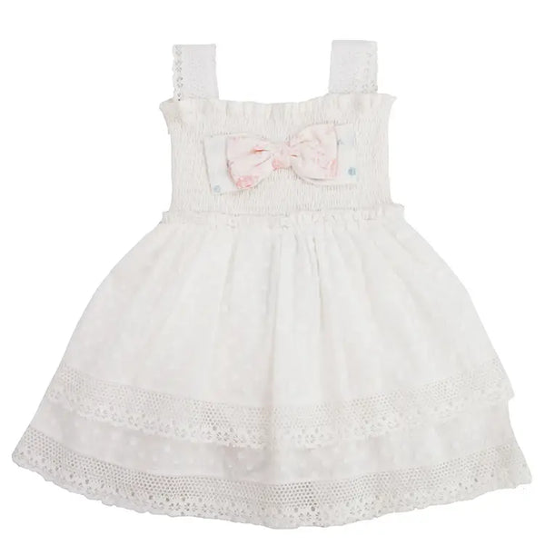 Beatrice Baby Girl Lace Onesie Dress – White Cotton Romper with Bow Detail 0-24M